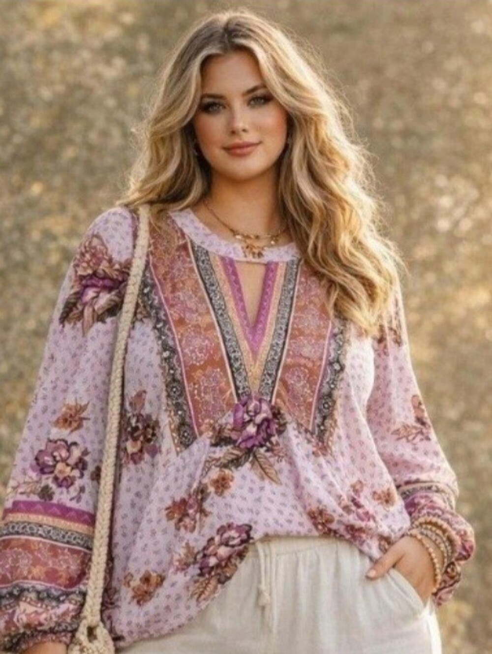 Maurices Pink Lavender Floral Keyhole Boho Tunic